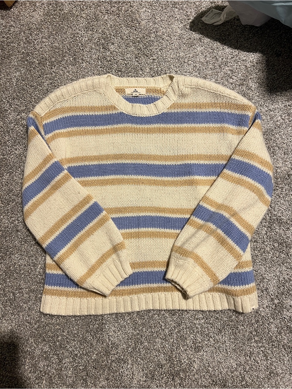 Rip Curl Cream Crewneck Sweater with Blue & Tan Stripes